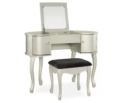 Kelly Silver Rounded Mirror Vanity Set With Stool