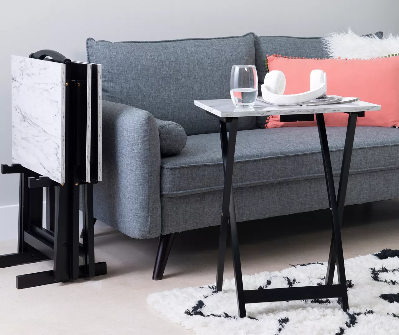 Davis White Faux Marble Tray Tables With Stand, 5-Piece Set - Image 4