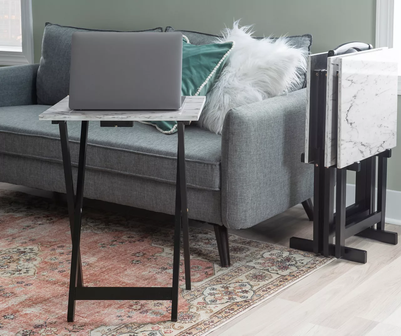 Davis White Faux Marble Tray Tables With Stand, 5-Piece Set - Image 11