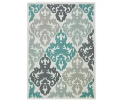 Eastlake Teal & Gray Damask Outdoor Area Rug, (7'10" X 9'6")