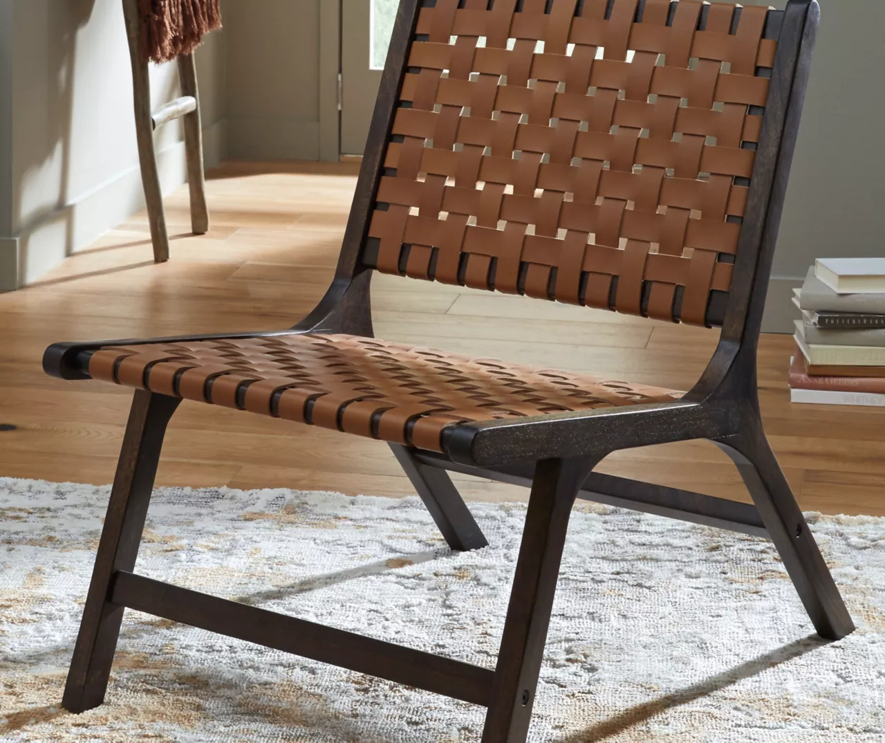 Fayme Camel Armless Leather Woven-Back Lounge Chair - Image 2