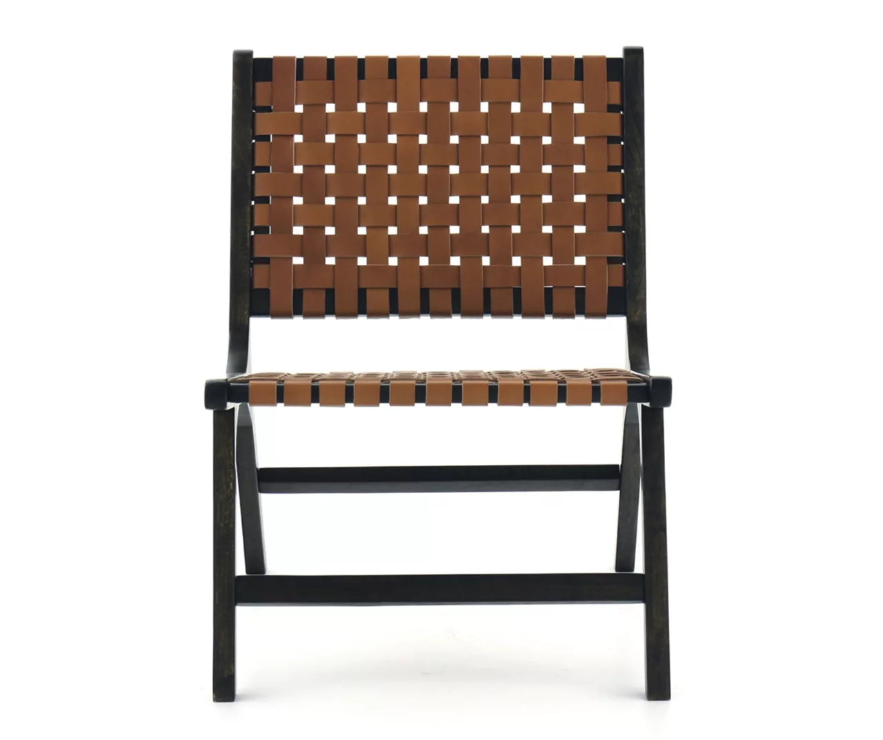 Fayme Camel Armless Leather Woven-Back Lounge Chair - Image 3