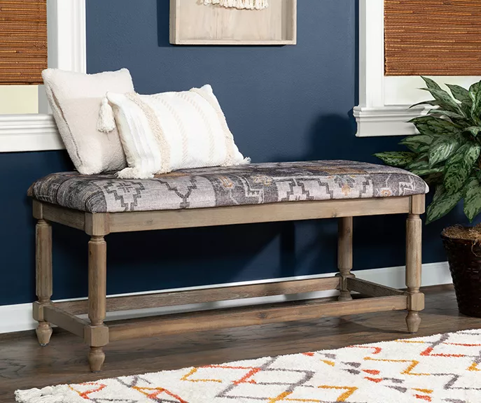 Gray Moroccan Tapestry Upholstered Rustic Driftwood Bench - Image 2