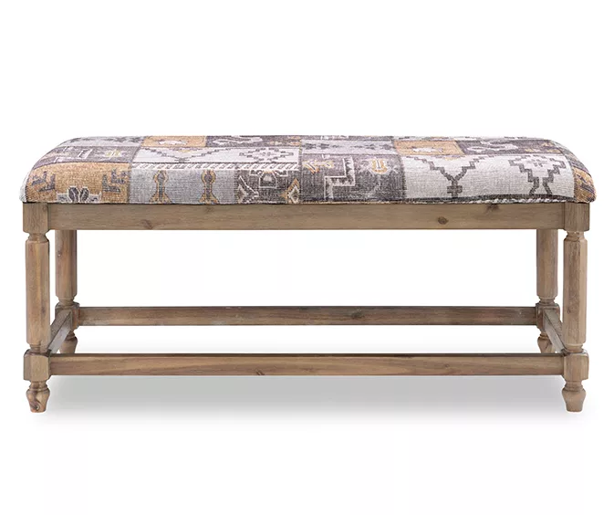 Gray Moroccan Tapestry Upholstered Rustic Driftwood Bench - Image 3