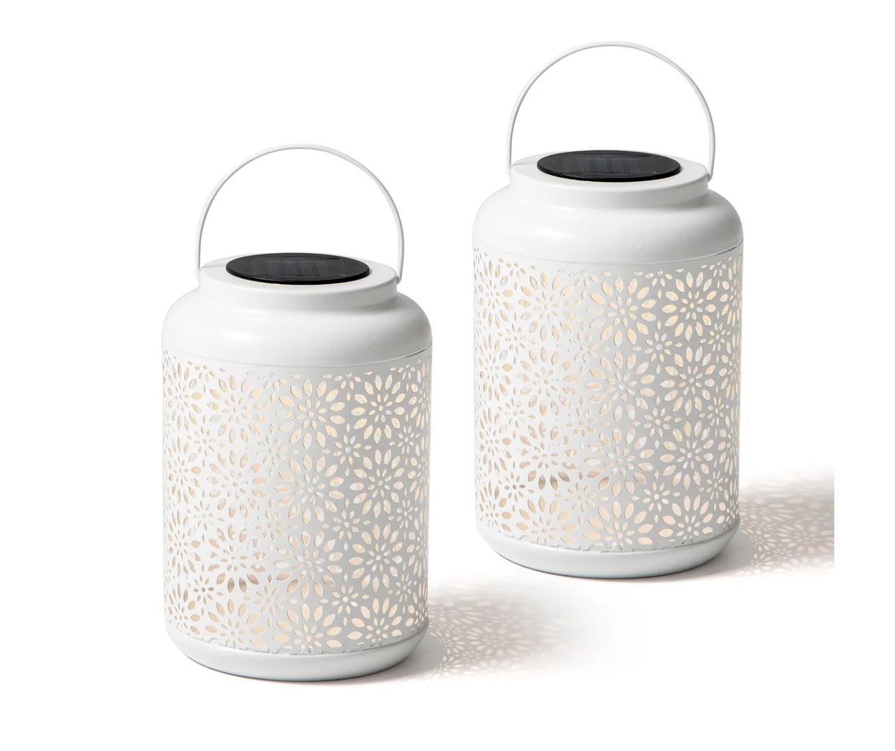 White Flower Cut-Out Metal LED Solar Lanterns, 2-Pack