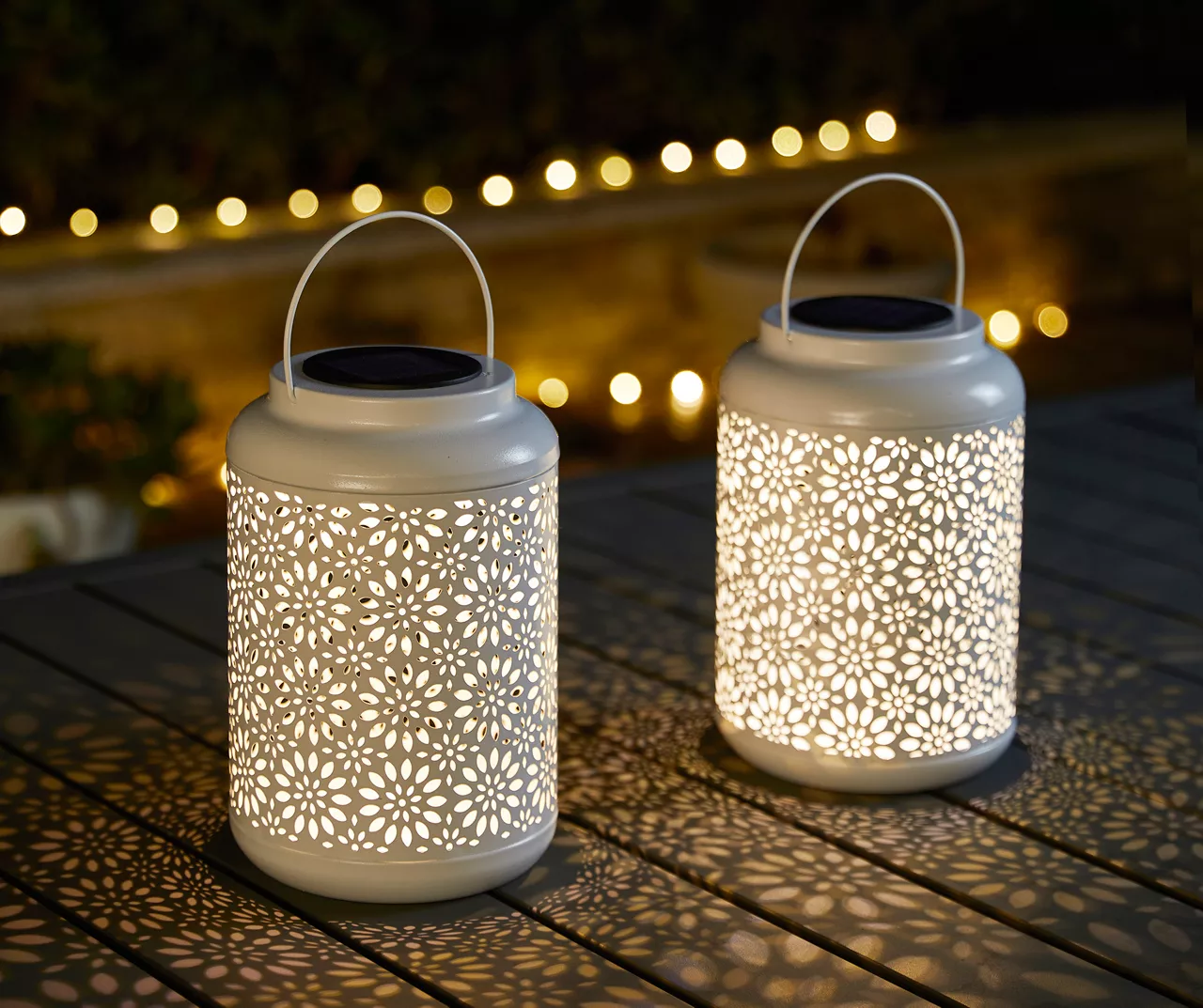 White Flower Cut-Out Metal LED Solar Lanterns, 2-Pack - Image 3