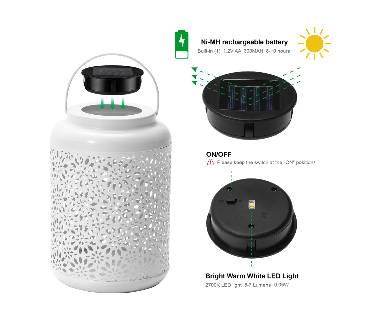 White Flower Cut-Out Metal LED Solar Lantern - Image 9